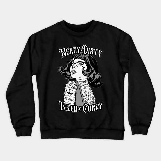 Nerdy Dirty Inked & Curvy Book Lover Tattoo Pop Art Girl Crewneck Sweatshirt by Grandeduc